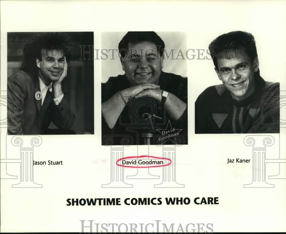 1989 Press Photo Comedians David Goodman, Jason Stuart, Jaz Kaner - hcp49985