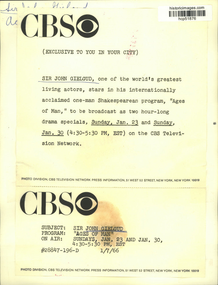 1966 Press Photo Sir John Gielgud stars in Ages of Man, on CBS Television.