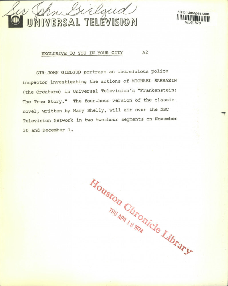 1974 Press Photo Sir John Gielgud in Frankenstein: The True Story, on NBC.
