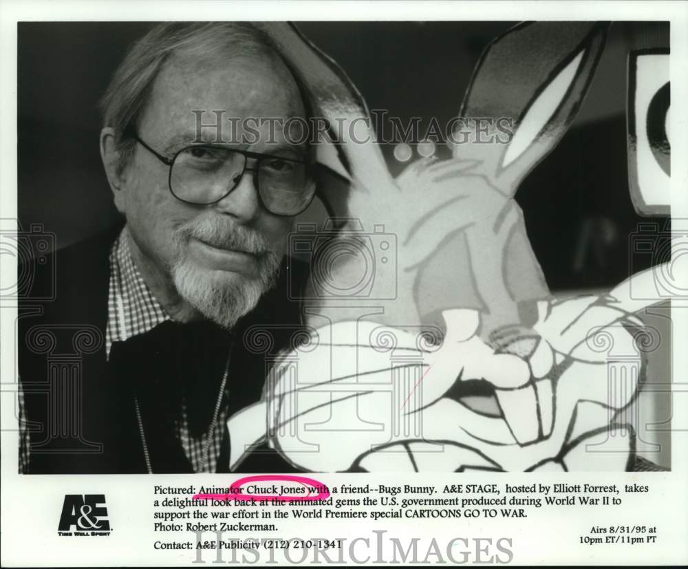 1995 Press Photo Animator Chuck Jones with Bugs Bunny stars "Cartoons Go To War"