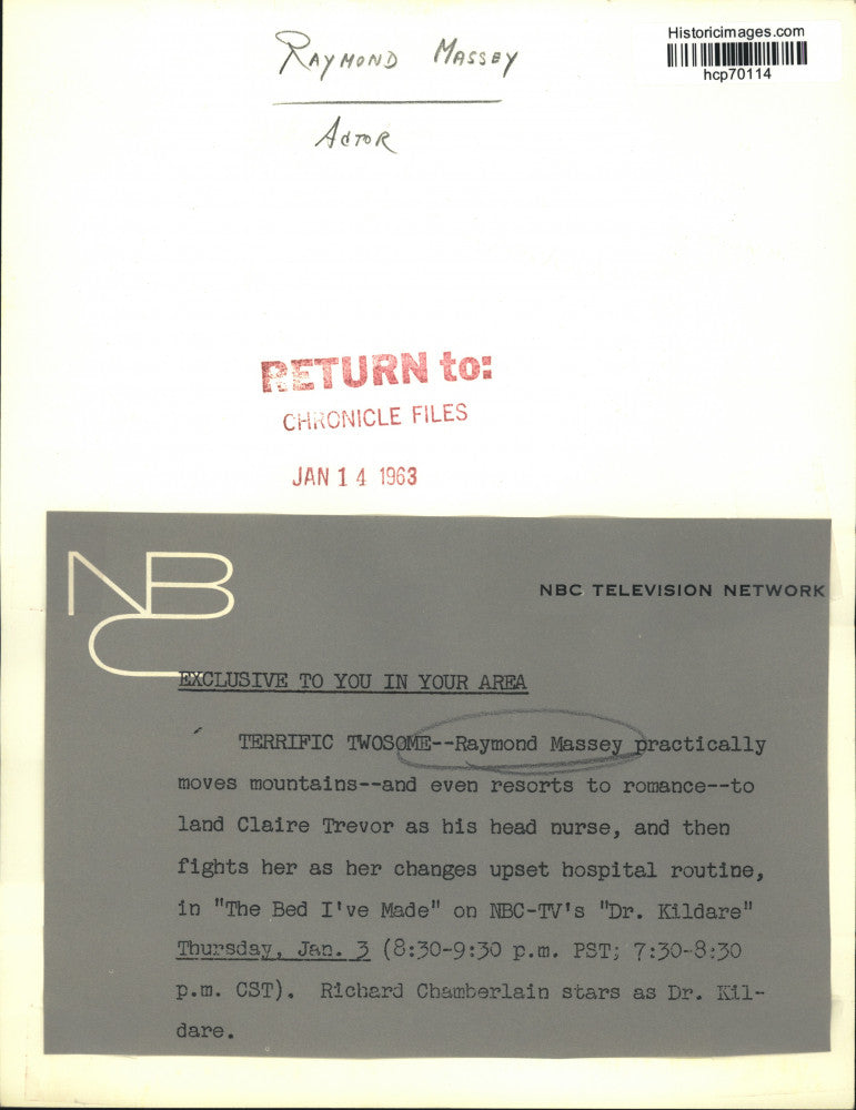 1963 Press Photo Actor Raymond Massey, Claire Trevor on "Dr. Kildare"