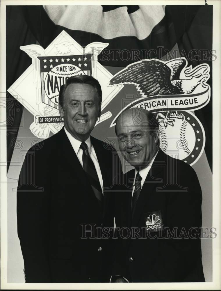 1987 Press Photo Joe Garagiola &amp; Vin Scully, NBC Sports Baseball Commentators- Historic Images