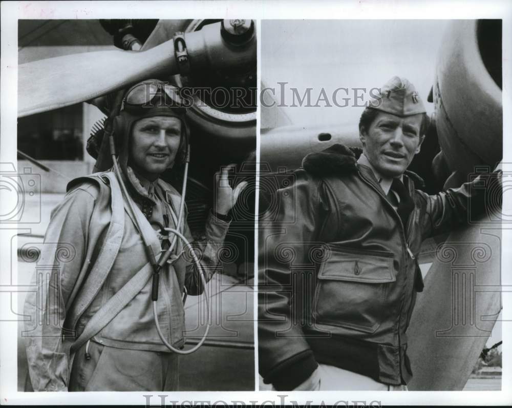 1977 Press Photo Actor Peter Strauss and Joe Kennedy Jr. standing by planes.- Historic Images