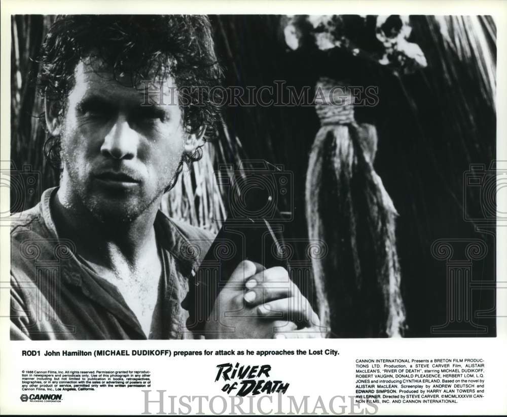 1988 Press Photo Michael Dudikoff in a scene from &quot;River of Death&quot; - hcp89641- Historic Images