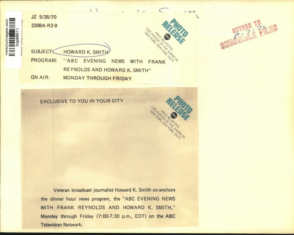 1970 Press Photo Howard K. Smith, Co-Anchor "ABC Evening News" - hcp99011