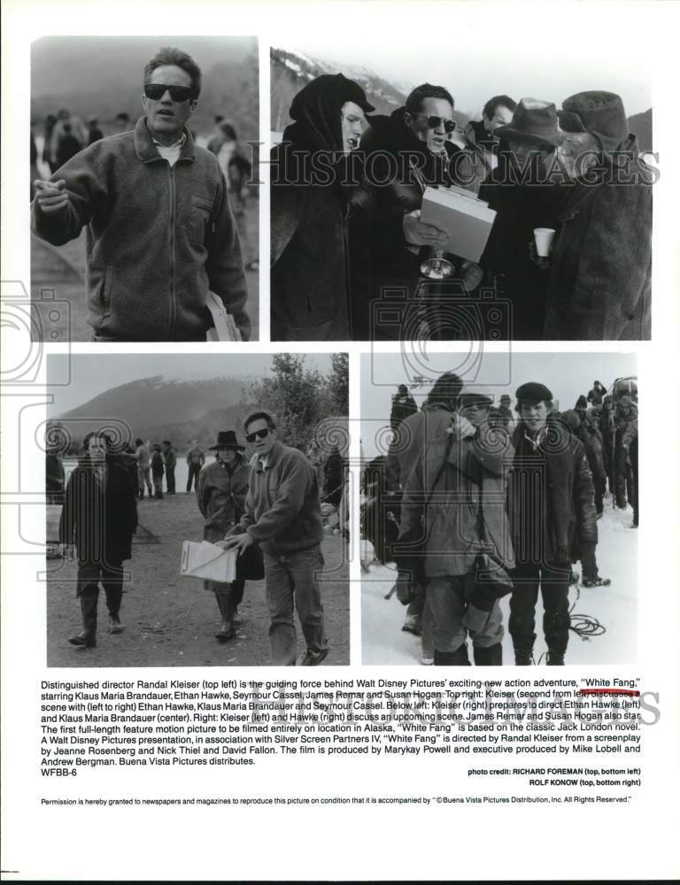 Press Photo "White Fang" director Randal Kleiser and actors in movie scenes.