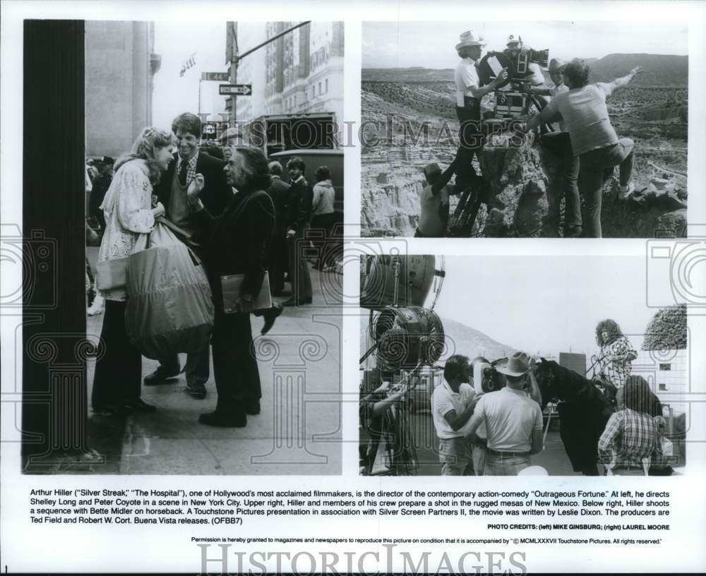 Press Photo Director Arthur Hiller, actors and crew on &quot;Outrageous Fortune&quot; set.- Historic Images