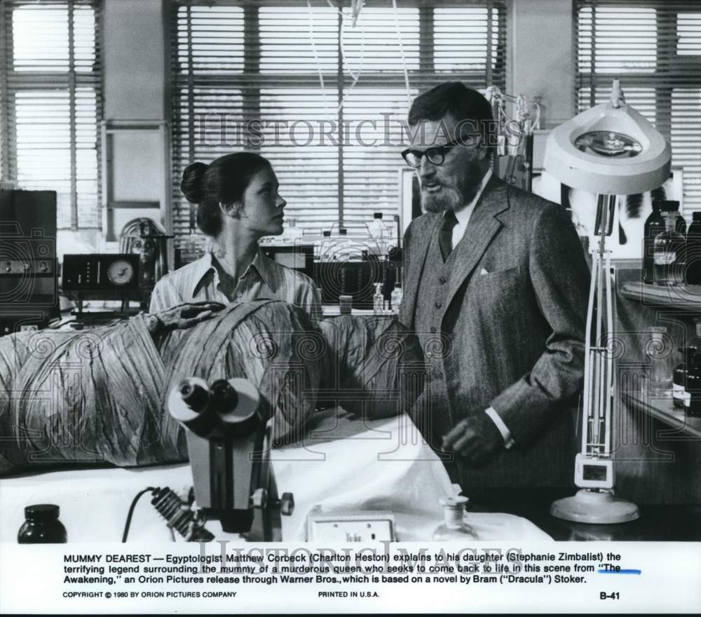 1980 Press Photo Actors Stephanie Zimbalist, Charlton Heston in "The Awakening"- Historic Images