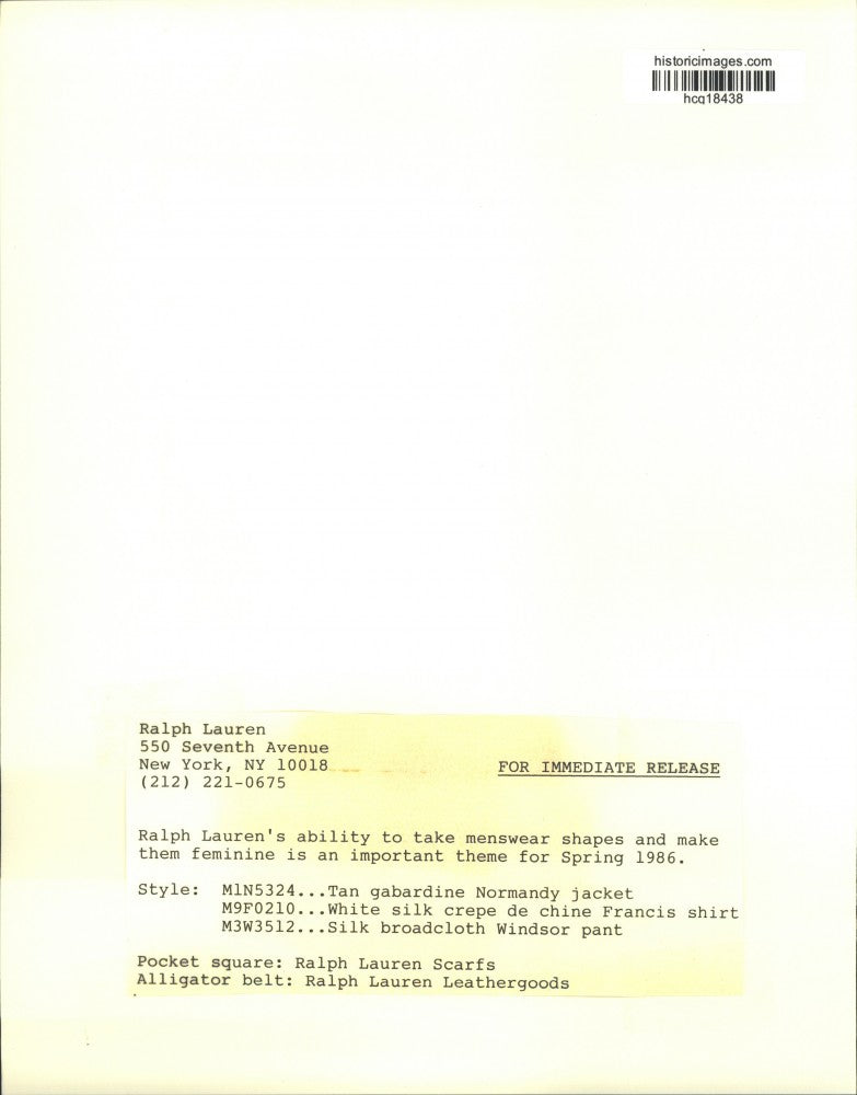 1986 Press Photo Ralph Lauren Spring Fashion Model - hcq18438