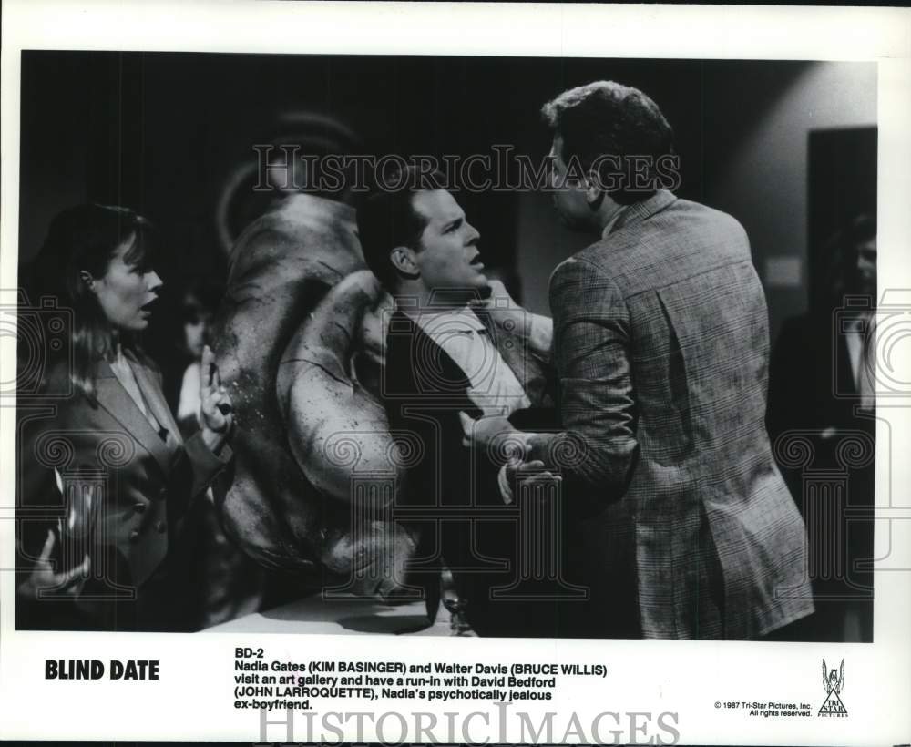 1987 Press Photo Kim Basinger, Bruce Willis, John Larroquette in &quot;Blind Date&quot;- Historic Images