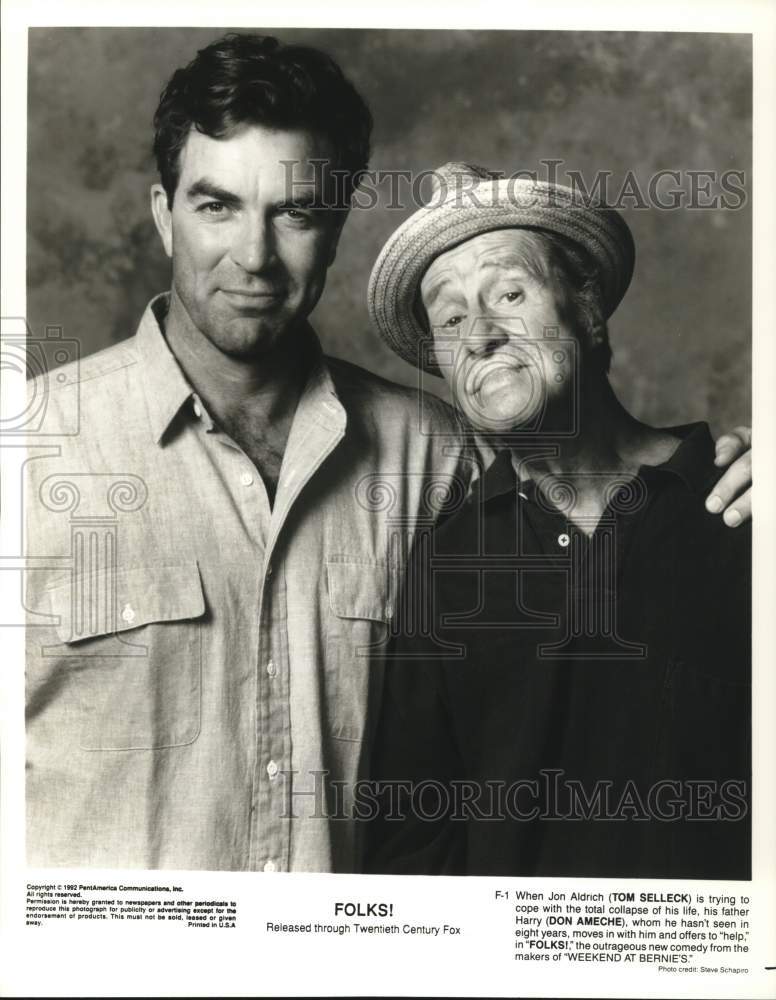 1992 Press Photo Actor Tom Selleck &amp; Don Ameche in &quot;Folks!&quot; Movie - hcq26338- Historic Images