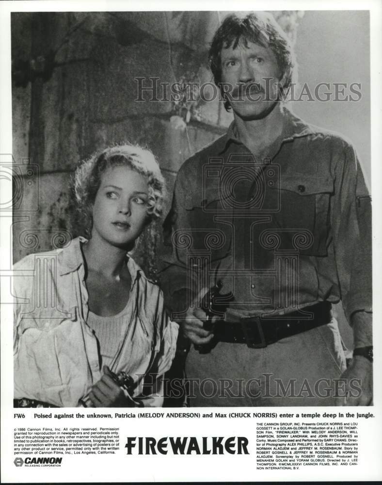 1986 Press Photo Melody Anderson & Chuck Norris in "Firewalker" Movie
