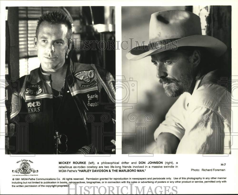 1991 Press Photo Mickey Rourke, Don Johnson "Harley Davidson & The Marlboro Man"