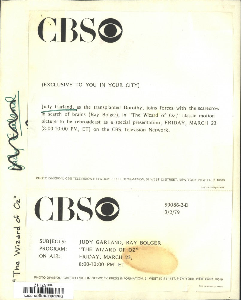 1979 Press Photo Judy Garland and Ray Bolger in "The Wizard of Oz," on CBS.