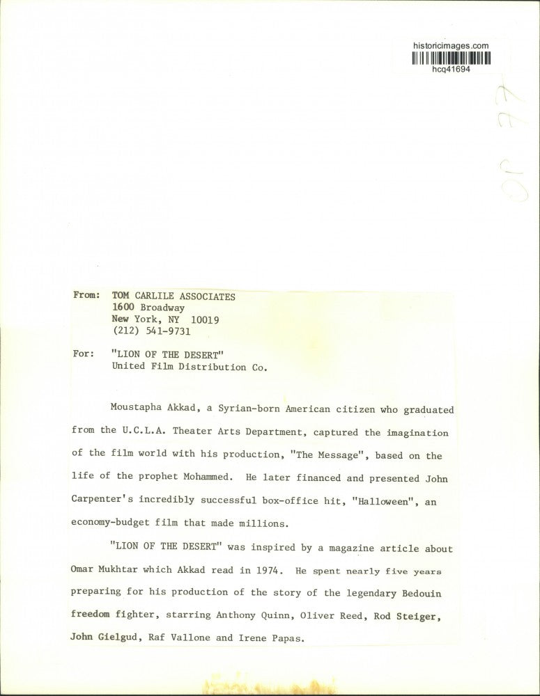 Press Photo Moustapha Akkad, Director of "Lion of the Desert" Movie - hcq41694