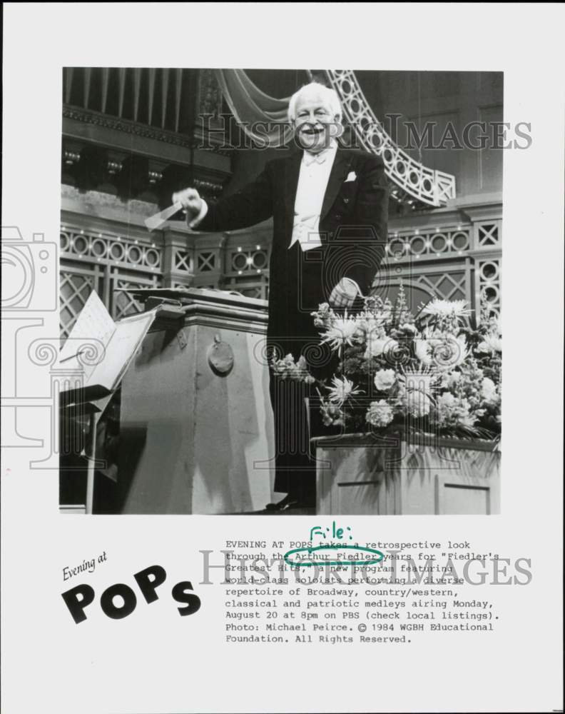 1984 Press Photo Arthur Fiedler in &quot;Evening at Pops&quot; - &quot;Fiedler&#39;s Greatest Hits&quot;- Historic Images