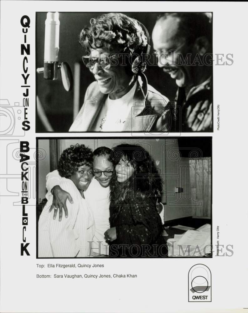 1990 Press Photo Quincy Jones, Ella Fitzgerald, Sara Vaughan, Chaka Khan- Historic Images