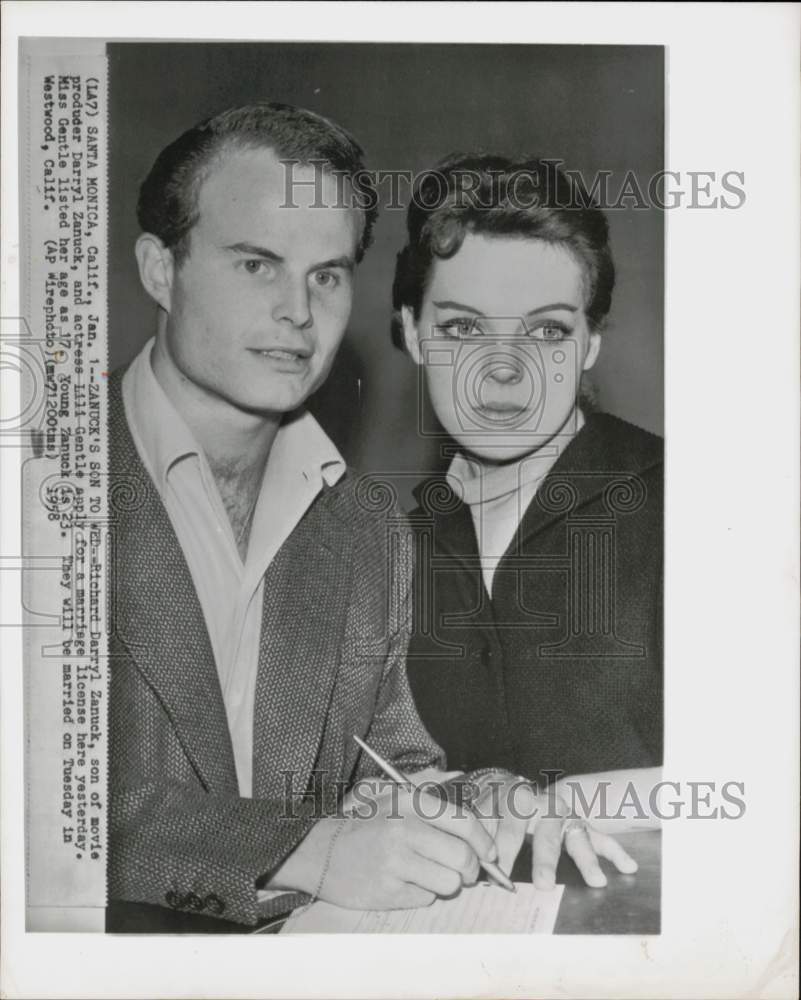 1958 Press Photo Richard Zanuck &amp; Lili Gentle Apply for Marriage License- Historic Images