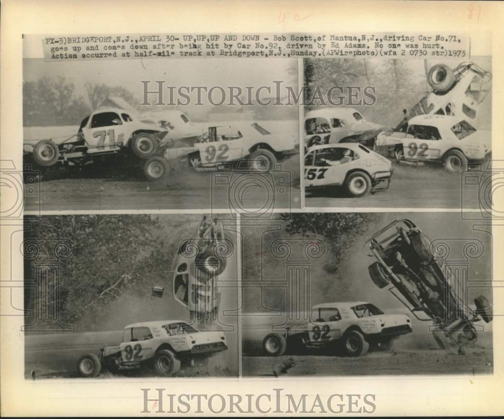 1973 Press Photo Bob Scott&#39;s Car No. 71 hit by Ed Adams&#39; car in Bridgeport race- Historic Images