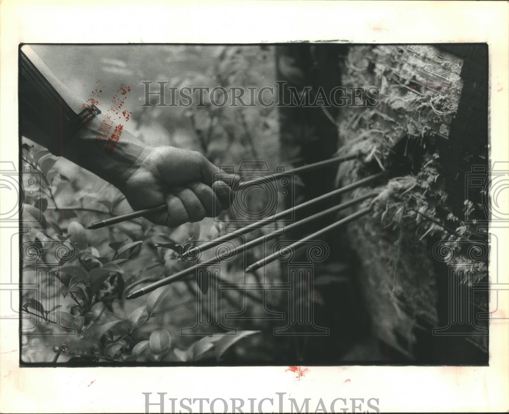 1979 Press Photo Compound bow&#39;s force and velocity drive through the target.- Historic Images