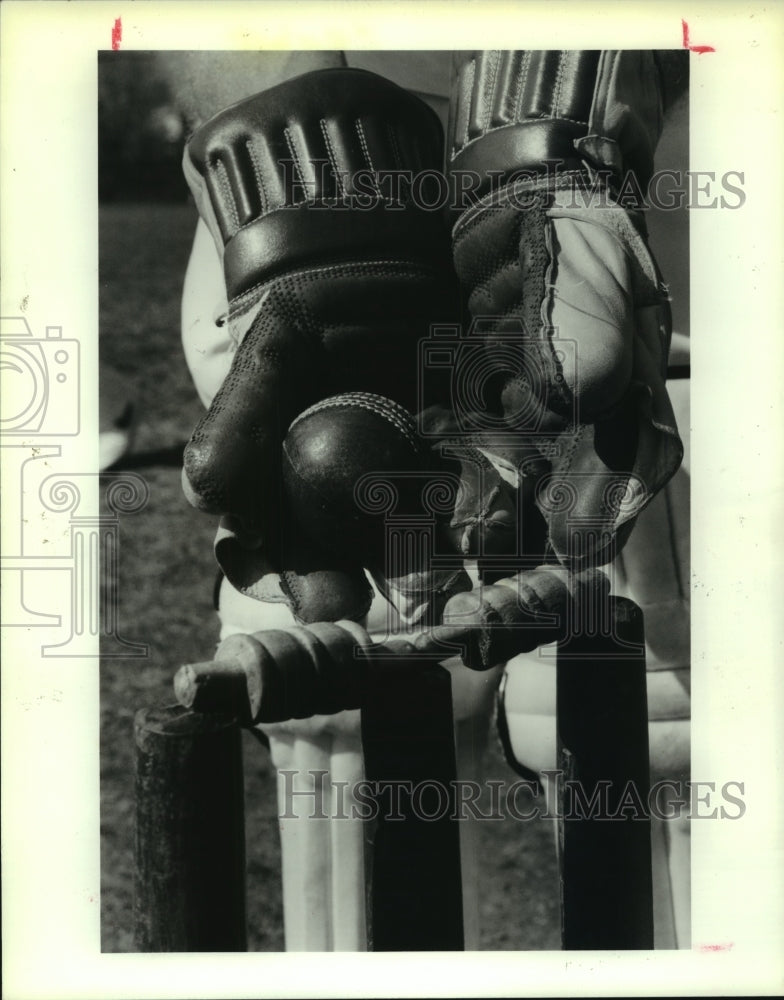 1988 Press Photo Cricket wicket keeper shows cricket ball and stumps and bails.- Historic Images