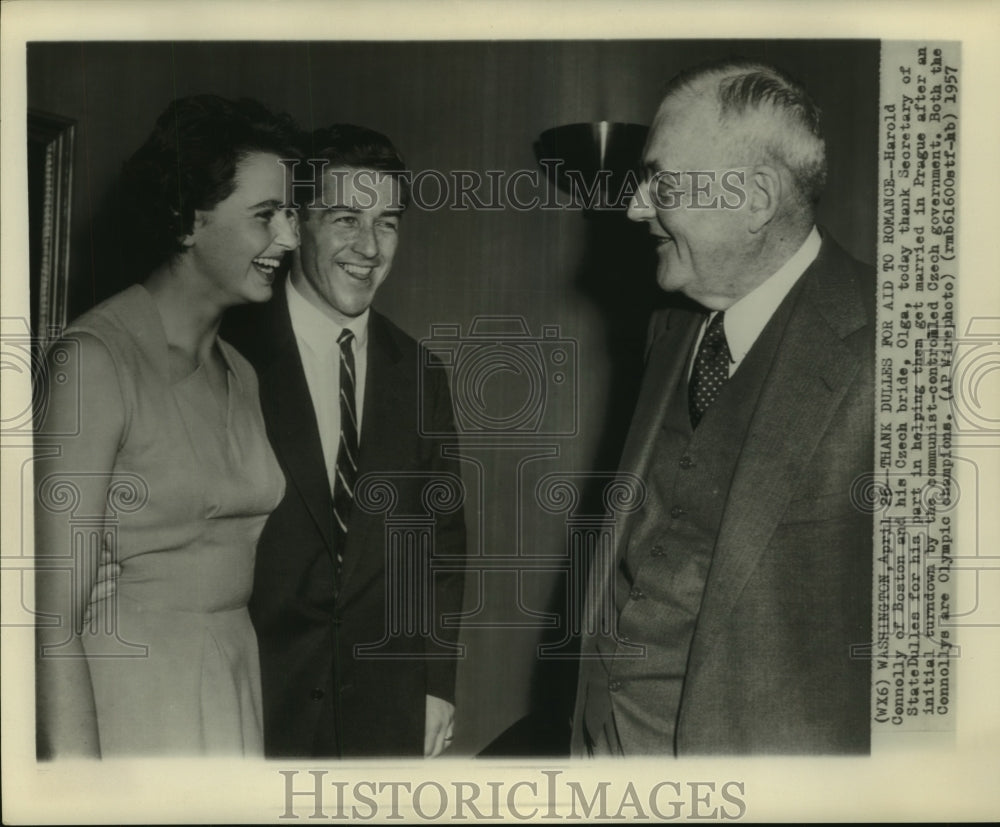 1957 Press Photo Mr. &amp; Mrs. Harold Connolly thank Secretary of State Dulles.- Historic Images