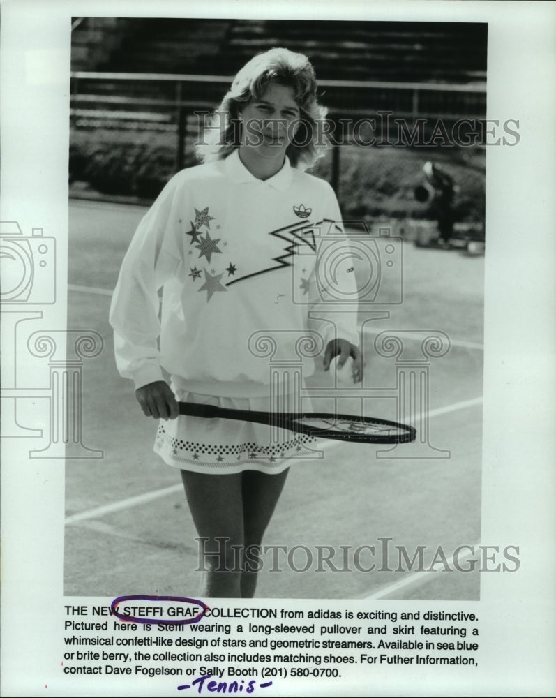 1987 Press Photo Tennis star Steffi Graf models her new clothes line from Adidas- Historic Images