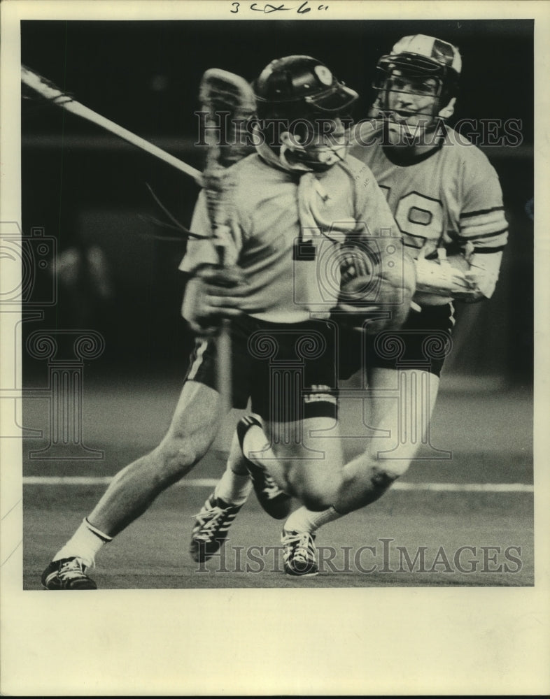 Press Photo Navy&#39;s Doug Nastro moves past James Grenafege to score final goal.- Historic Images