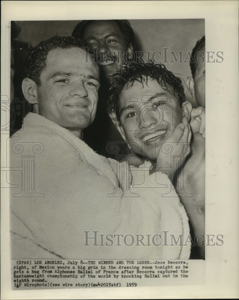 1959 Press Photo Jose Becerra, new bantamweight champ gets hug from former champ- Historic Images