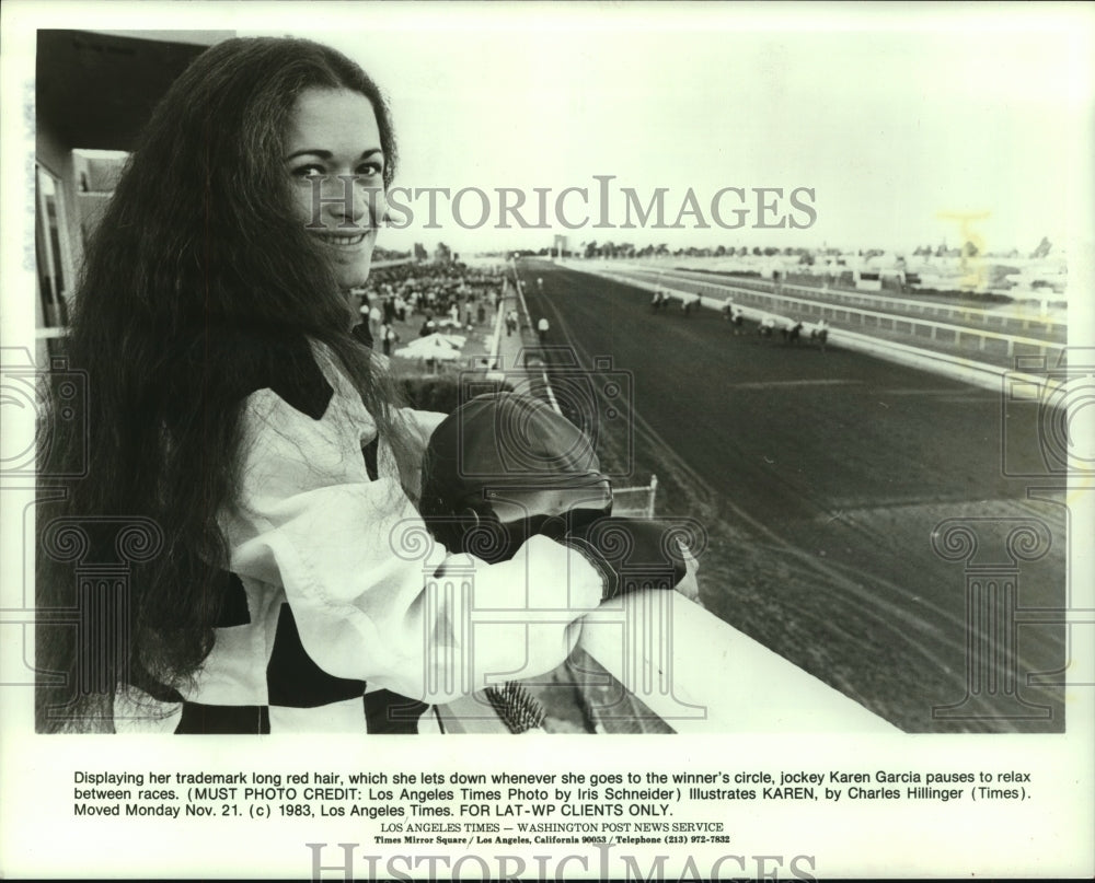 1983 Press Photo Jockey Karen Garcia relaxes between races. - hcs05599- Historic Images