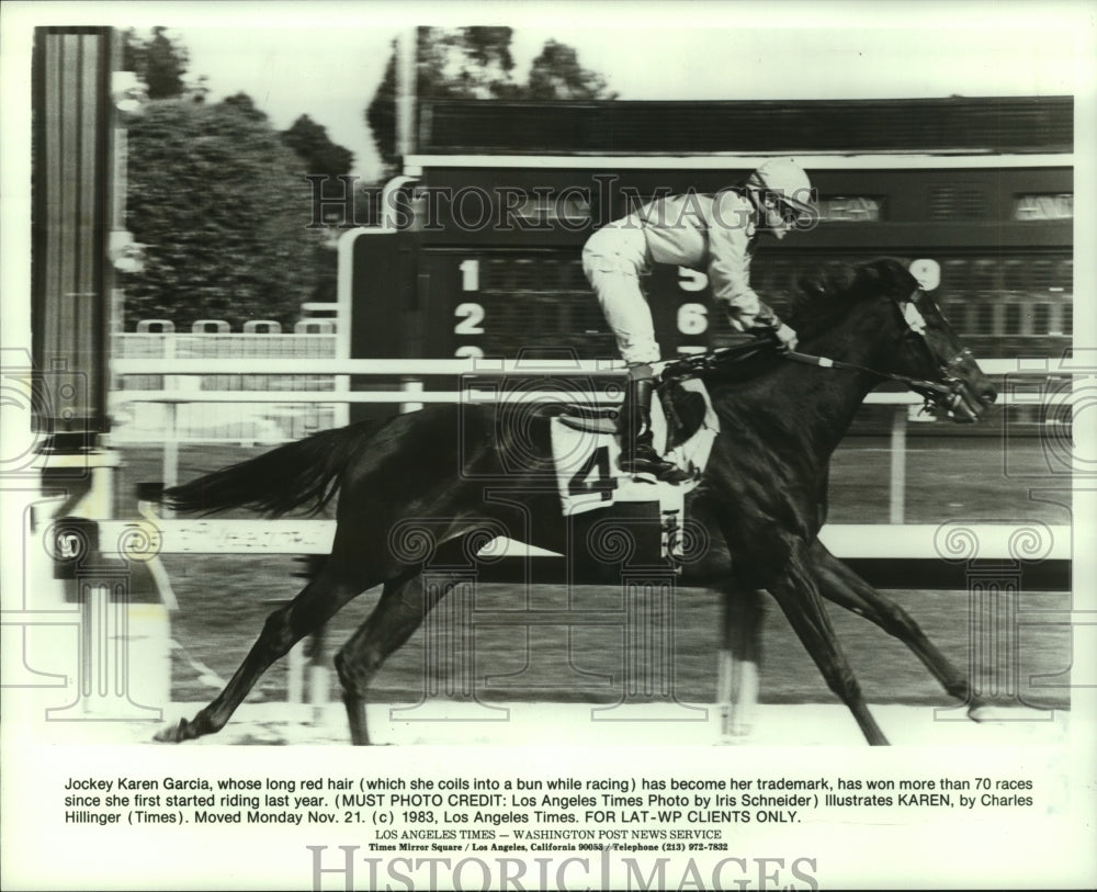 1983 Press Photo Jockey Karen Garcia rides her mount to victory. - hcs05696- Historic Images