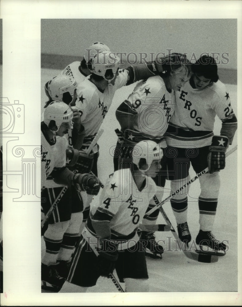 1977 Press Photo Houston Aeros&#39; hockey team celebrate a goal. - hcs06457- Historic Images