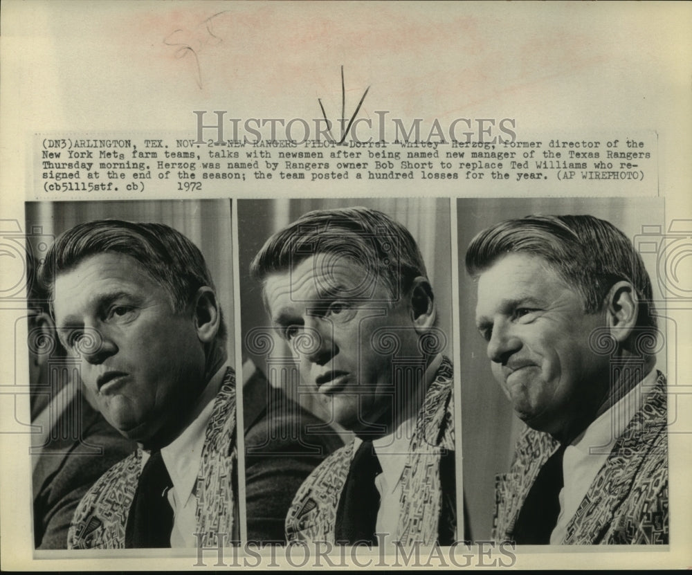 1972 Press Photo Dorrel &quot;Whitey&quot; Herzog named Texas Rangers new manager.- Historic Images