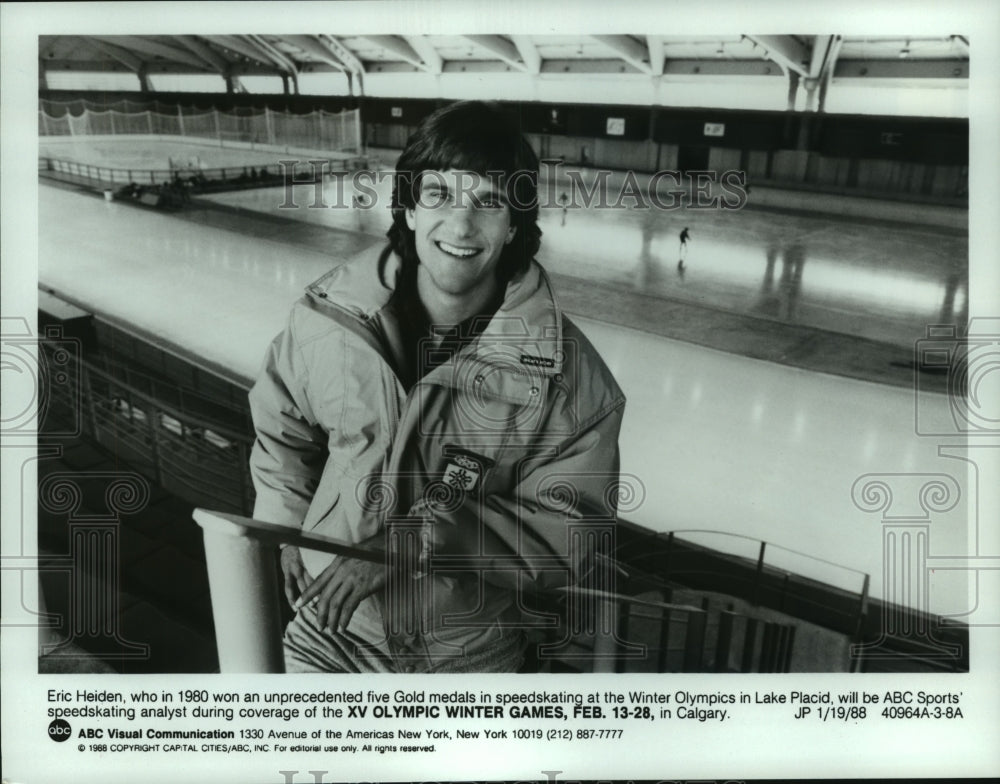 1988 Press Photo Olympic Gold Medal speed skater Eric Heiden on ABC Sports team.- Historic Images