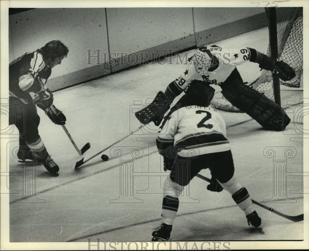 1975 Press Photo Houston Aeros&#39; goaltender Ron Grahame reaches out for puck.- Historic Images