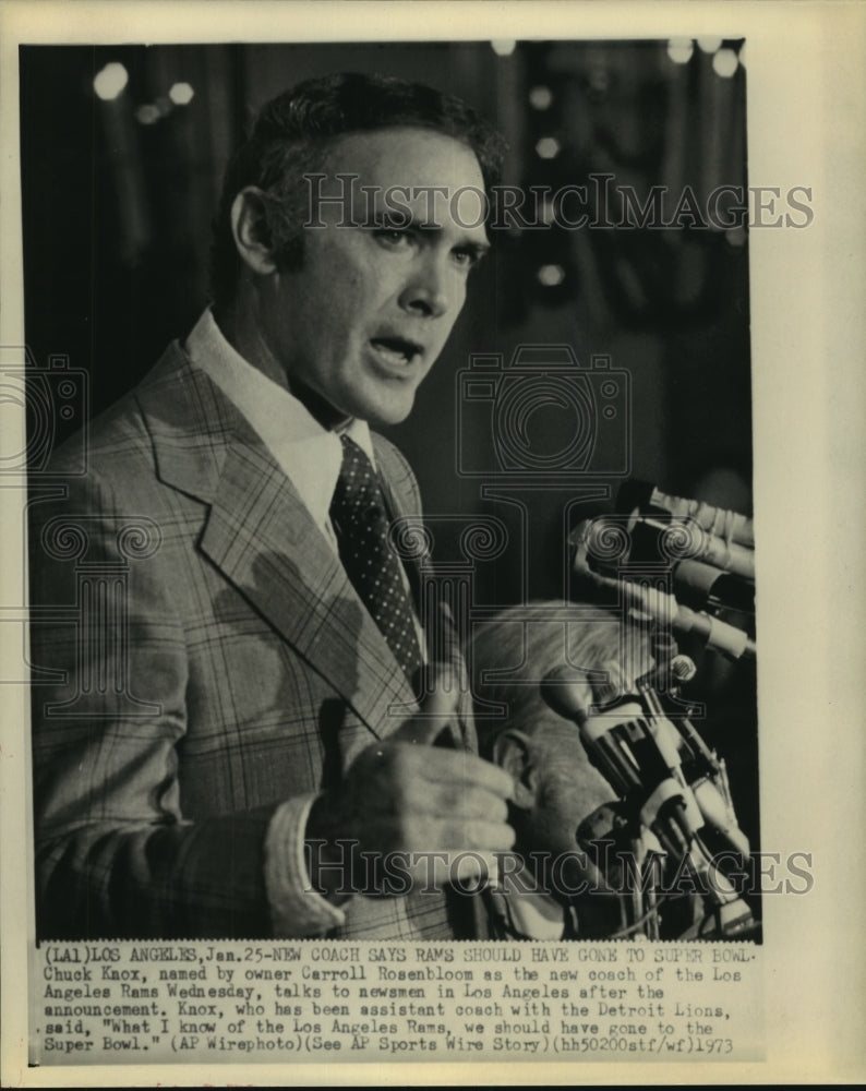 1973 Press Photo Los Angeles Rams name Chuck Knox head at news conference.- Historic Images