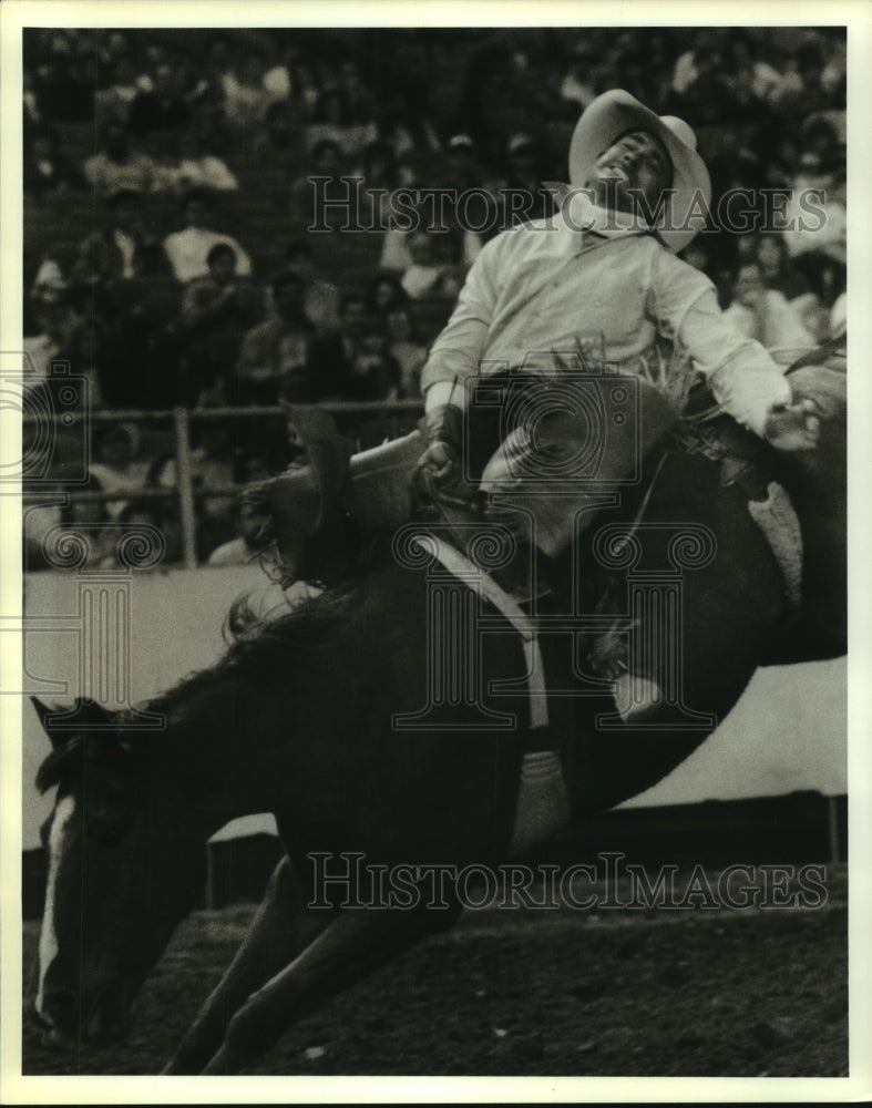 1988 Press Photo Saddle Bronc rider Jim Jones of Rio Vista, TX. on Plain Handle.- Historic Images