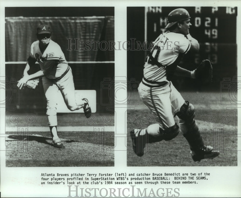 1985 Press Photo Atlanta Braves&#39; Terry Forster, Bruce Bennedict profiled on WTBS- Historic Images