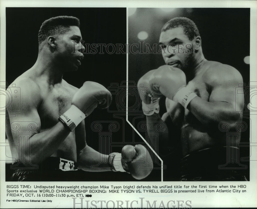 1987 Press Photo Heavyweight champ Mike Tyson defends title against Tyrell Biggs- Historic Images