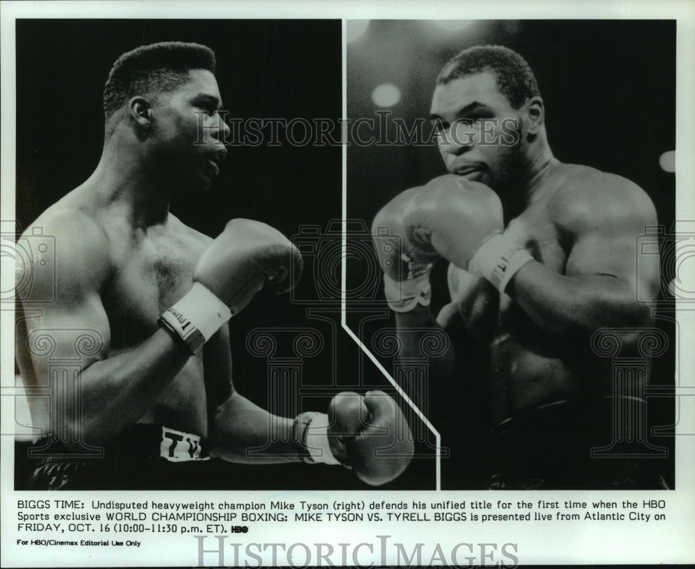 1987 Press Photo Heavyweight champ Mike Tyson defends title against Tyrell Biggs- Historic Images