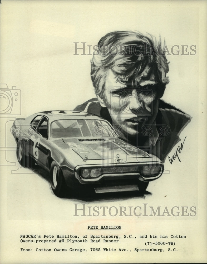 Press Photo A drawing of NASCAR driver Pete Hamilton and his #6 Plymouth.- Historic Images