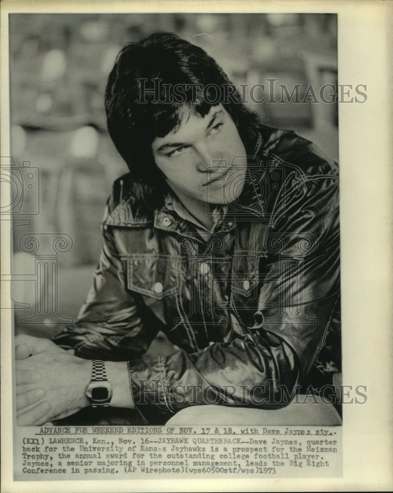 1973 Press Photo University of Kansas quarterback Dave Jaynes, Heisman prospect.- Historic Images