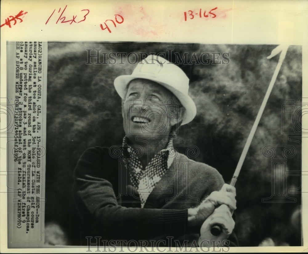 1976 Press Photo Pro golfer Don January smiles at tee shot on 3 in La Costa, CA.- Historic Images