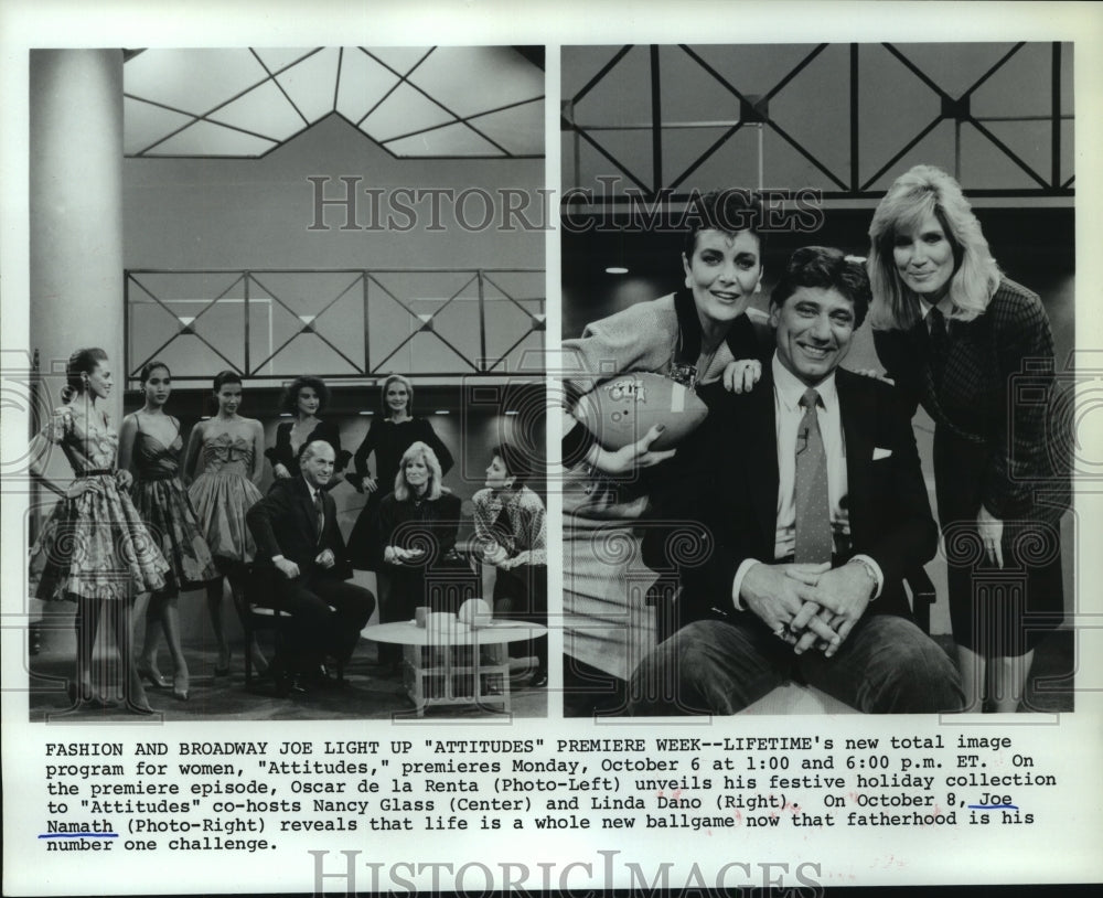 1986 Press Photo Oscar de la Renta and Joe Namath to appear on ATTITUDES.- Historic Images