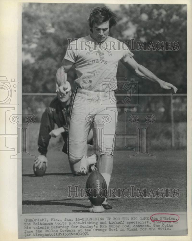 1971 Press Photo Baltimore Colts&#39; Jim O&#39;Brien during practice session in Miami- Historic Images