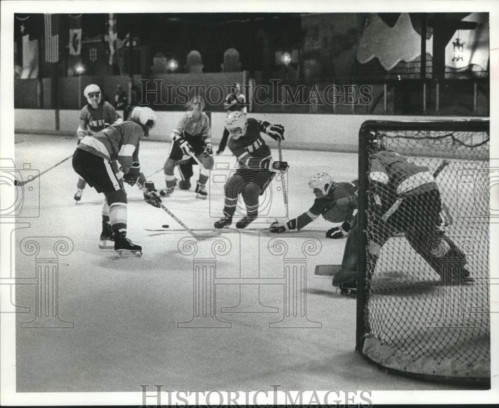 1975 Press Photo Players for the Houston Women's Hockey League in action- Historic Images