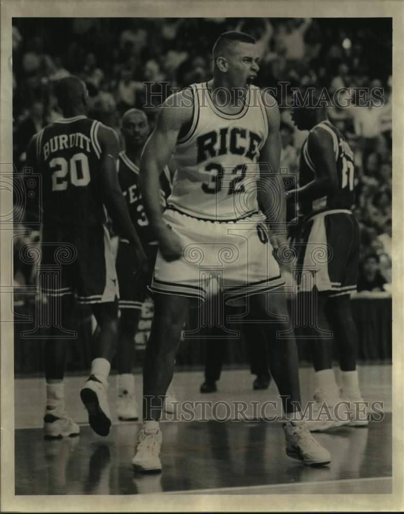 1992 Press Photo Rice&#39;s Brent Scott yells toward teammates during Texas game.- Historic Images