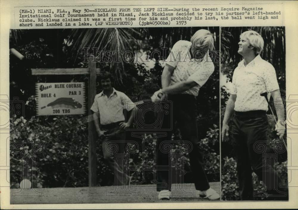 1973 Press Photo Jack Nicklaus tries hitting lefty at Esquire Magazine tourney.- Historic Images