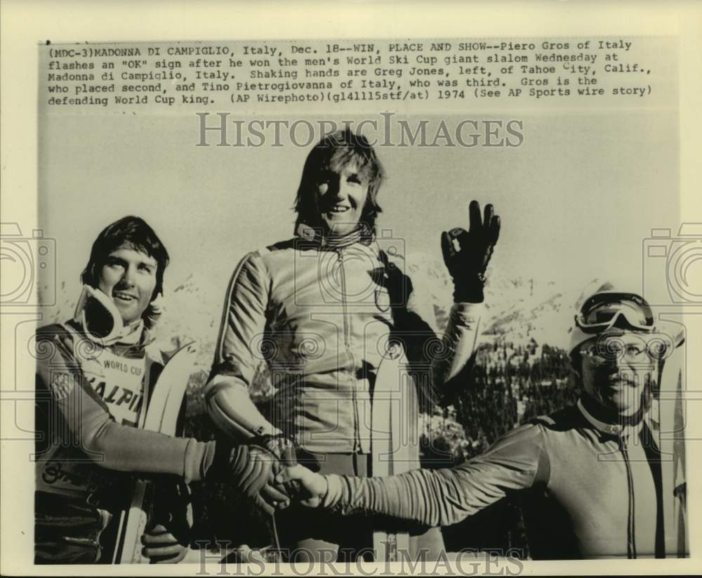 1974 Press Photo Piero Gros, Greg Jones, Tino Pietrogiovanna - podium at Ski Cup- Historic Images