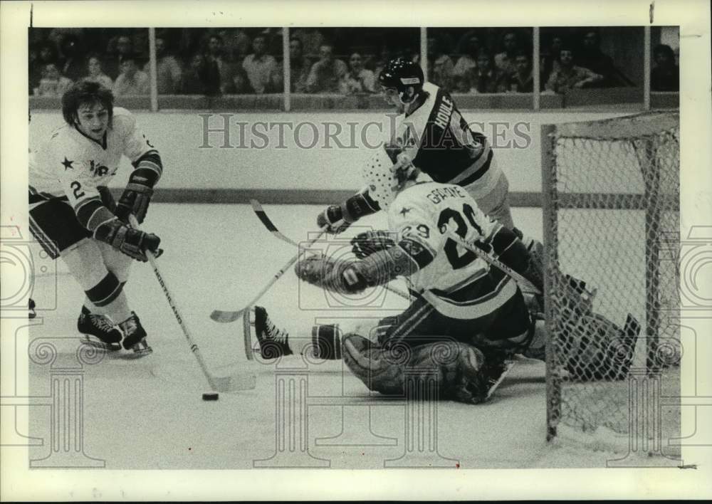 1975 Press Photo Houston Aeros' John Schella clears the puck from goal area.- Historic Images